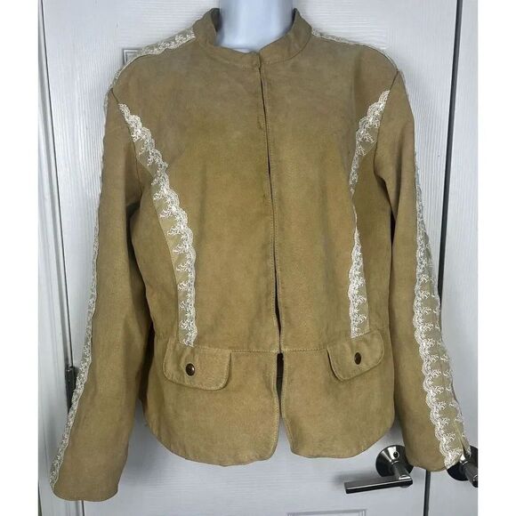 Cervelle Jackets & Blazers - Cervelle Beige Leather With‎ White Lace Trim Jacket Women’s Size Large